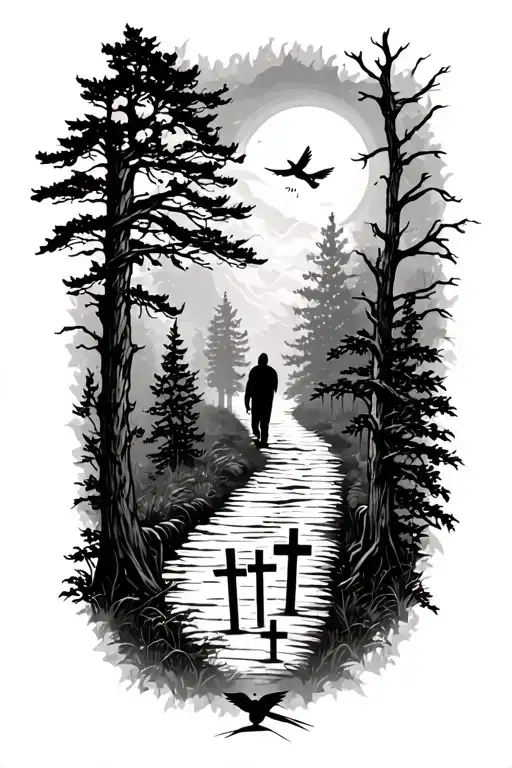 god looking down wth wood and trees and guy walking up the path and the three crosses on the bottom and a dove tattoo design idea