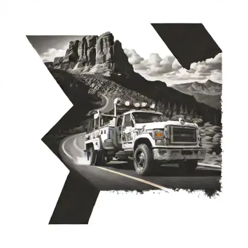 A dotwork design of a race car zooming past a sign maintenance truck on a winding road through the mountains tattoo design idea