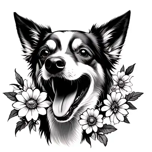 dog with flowers coming out of its mouth open tattoo design idea
