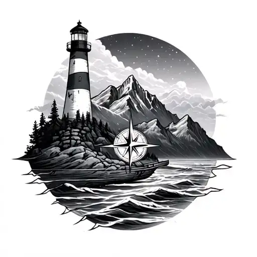 mountains compass lighthouse tattoo design idea