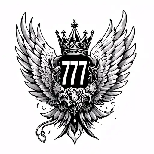 777 on the wing on the nape area and king's crown on 777 tattoo design idea