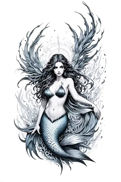 dark art siren mermaid full body surrounded by cyber sigilism tattoo design idea