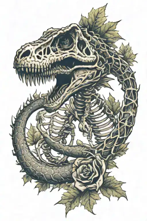T-rex skeleton, snake, crocodile, maple leaf, motivational message, MMA tattoo design idea