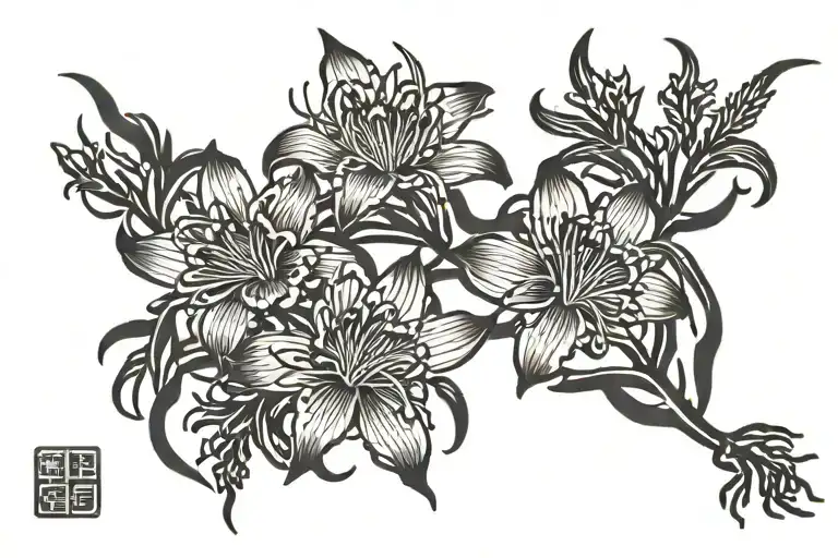 Red spider lilies with two handprints behind them. tattoo design idea