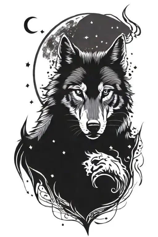 wolf crying to turkisch moon and star tattoo design idea