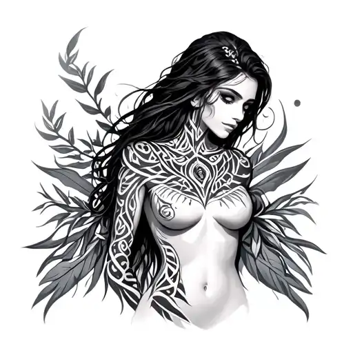 tribal and Nordic lines across chest and abdomen female tattoo design idea