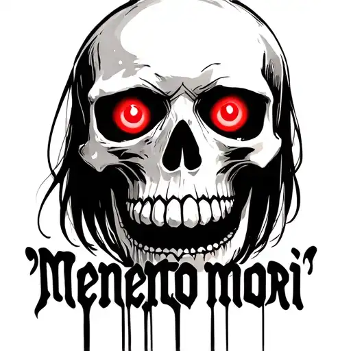 "Memento mori " "Memento mori " black skull with anime laser red eye front facing and skull smiling  tattoo design idea
