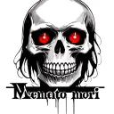 "Memento mori " "Memento mori " black skull with anime laser red eye front facing and skull smiling  tattoo design idea