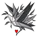 origami crane with leaves and a heart finelinr tattoo design idea