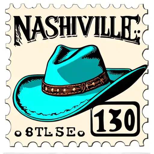 Turquoise cowboy hat on a white postage stamp with Nashville and a number on it tattoo design idea