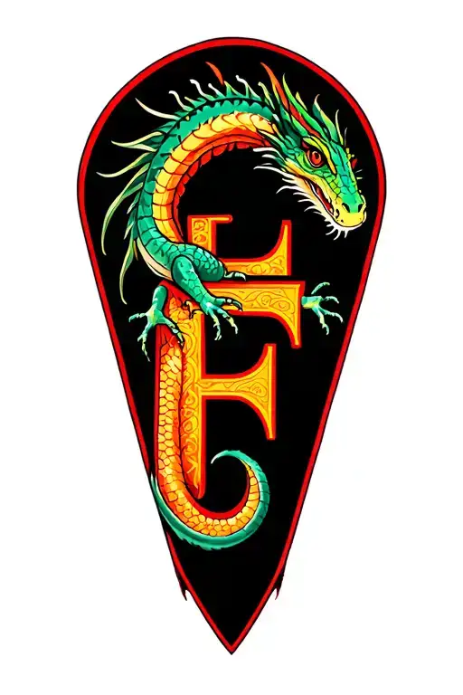 chinese water dragon in the shape of the letter F tattoo design idea