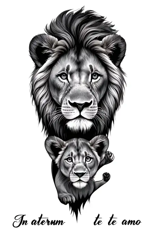 "In aeternum, te amo" lion with 2 playful cubs face only tattoo design idea
