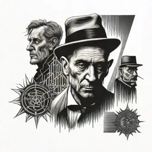 A single design that combines Dostoievsky, Camus and Kafka literatures tattoo design idea