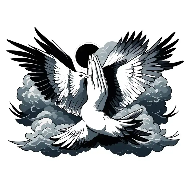 2 doves flying clouds and praying hand tattoo design idea