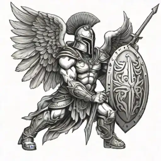 spartan angel holding spear and shield keeping spartan reserve tattoo design idea