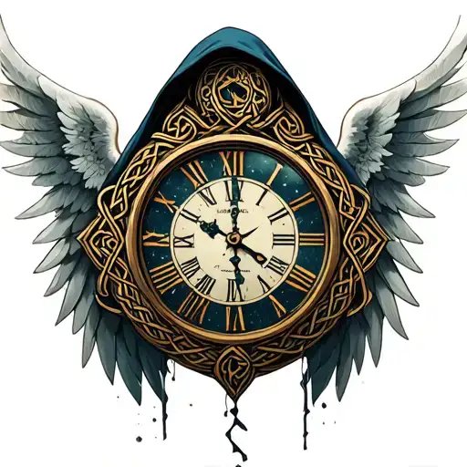 The road is like a Celtic knot, an angel in a hood with detailed wings feathers and a hidden face. Broken clock - dial tattoo design idea