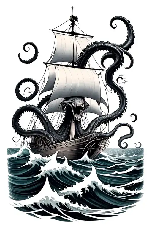 kraken attacking mast with waves crashing tattoo design idea