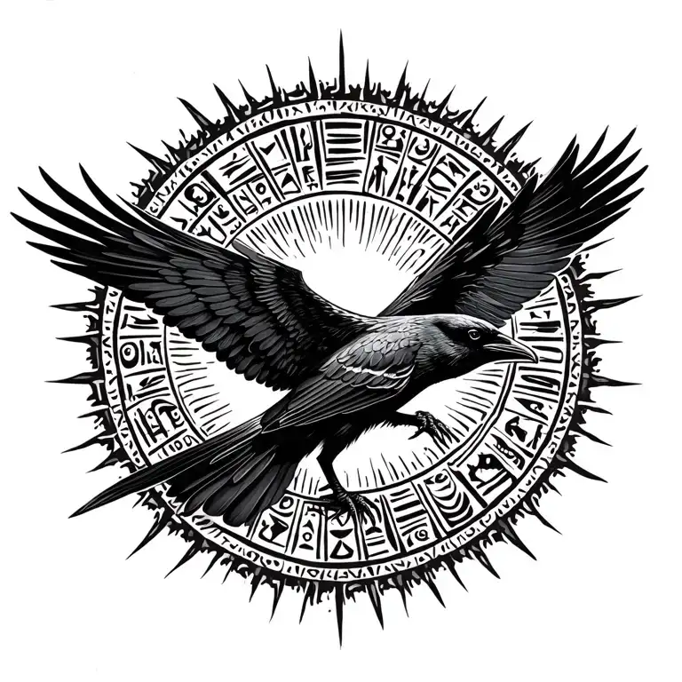 hieroglyphic crow flying towards the sun tattoo design idea