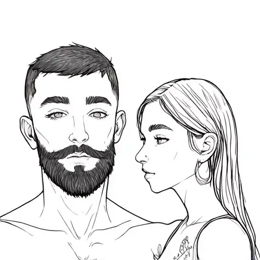 Falling in love with a pair of a man with short hair with gray eyes brutal pumped beard and girl fragile brunette tattoo design idea