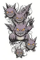 Gengar, Haunter and gaslty and in the background the outline of mega gengar tattoo design idea