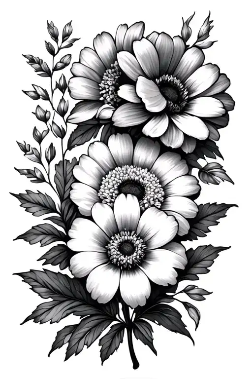 Three August flowers one September flower one October flower and one July flower tattoo design idea