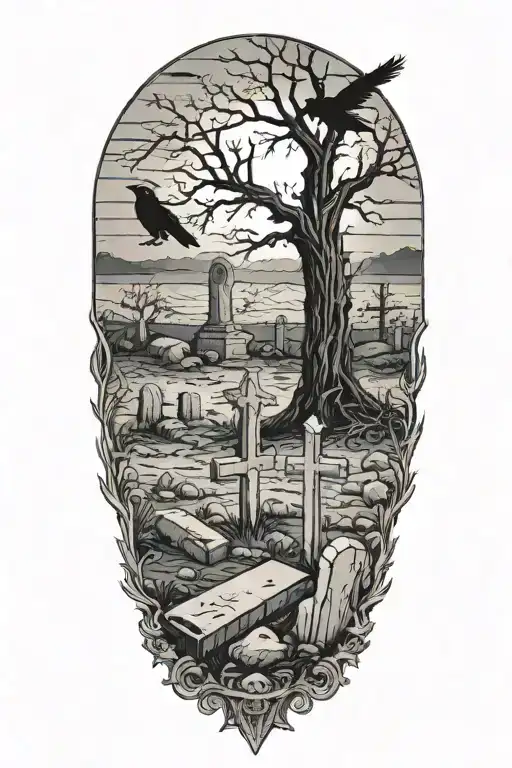 Graveyard with broken tombstones, a lone dead tree in the background, ravens guarding the are tattoo design idea