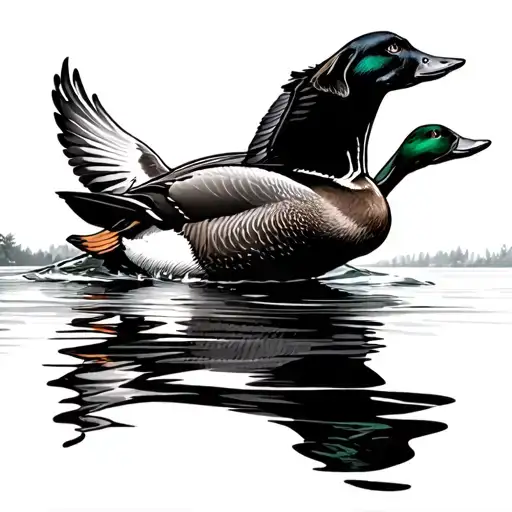 ducks flying lab dog portrait over water tattoo design idea