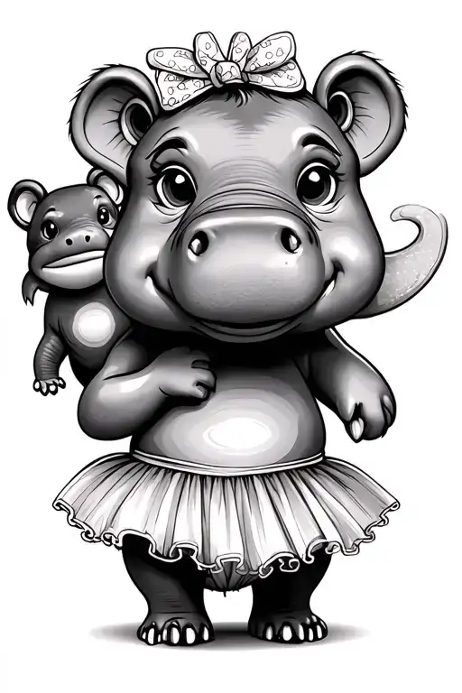 hippo with tutu, teddy bear, elephant, frog, cartoon, with fill in tattoo design idea