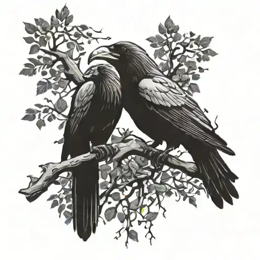 Odin's ravens Huginn and Muninn perched on a tree tattoo design idea