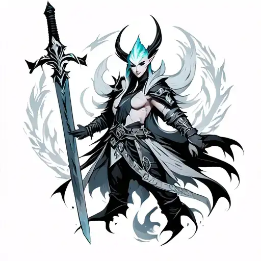 kindred league of legends, with ekko sword tattoo design idea