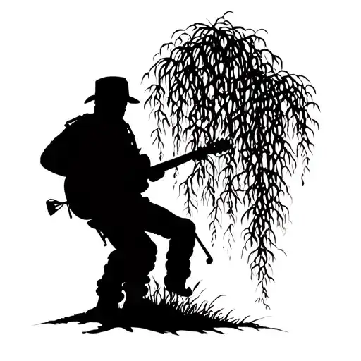 A silhouette of a soldier playing a guitar under a weeping willow tree tattoo design idea