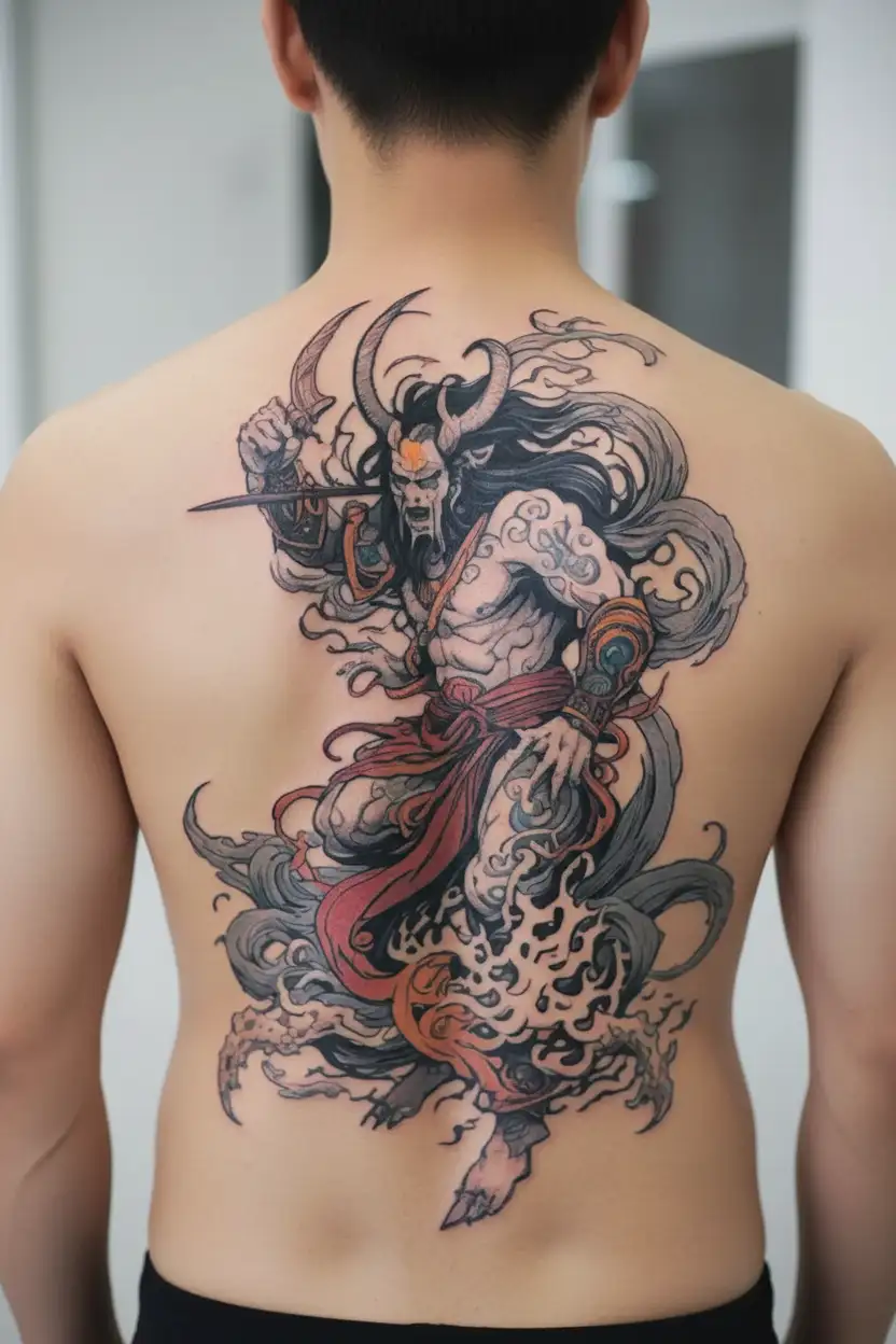 Incorporate elements of Japanese ukiyo-e art style into a tattoo of a mythical god, such as Amaterasu or Susanoo tattoo design idea