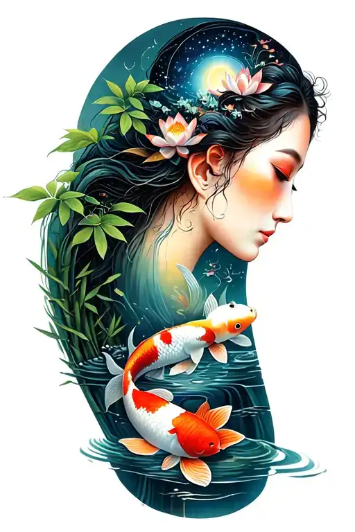 path of enlightenment along sleeve from wrist to shoulder. lotus, water, constellation, koi, bamboo, tiny home tattoo design idea