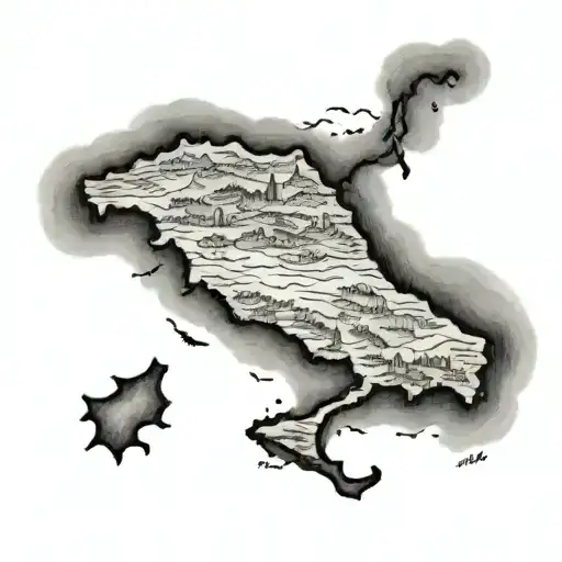 I want a tattoo on my arm with a map of Italy locating the city of Assisi and some clouds around it. tattoo design idea