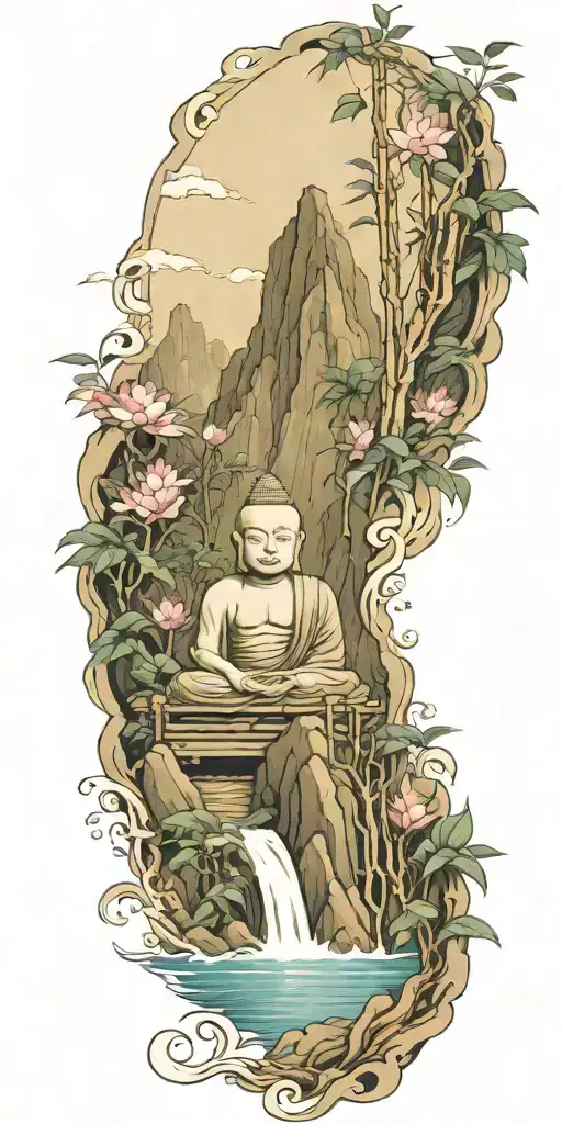 buddhist inpired tattoo focusing on scenary of nature, bamboo, water, and with lotus, koi fish, and small budda tattoo design idea