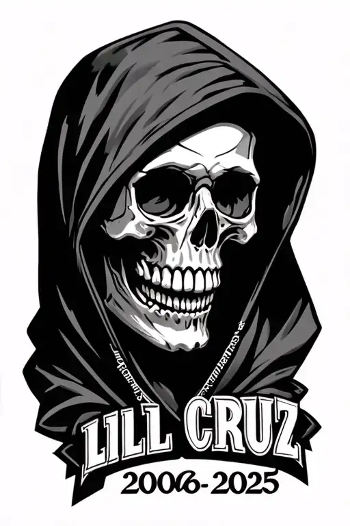 make a tattoo with a skull in hood with the words lil cruz and 2006-2025 in romal numerals under the skull  tattoo design idea
