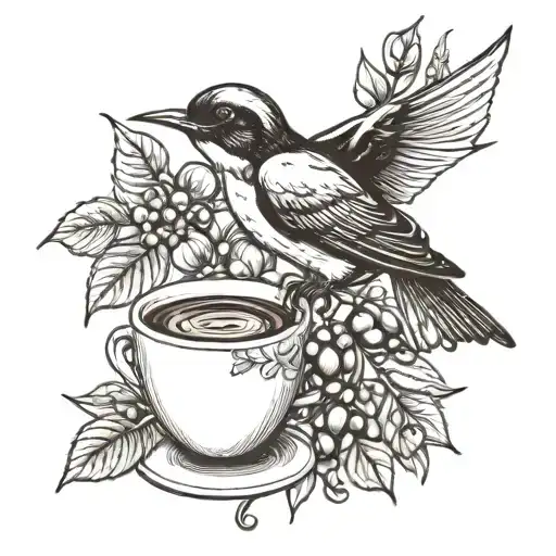 swallow, branch of coffee with beans  tattoo design idea