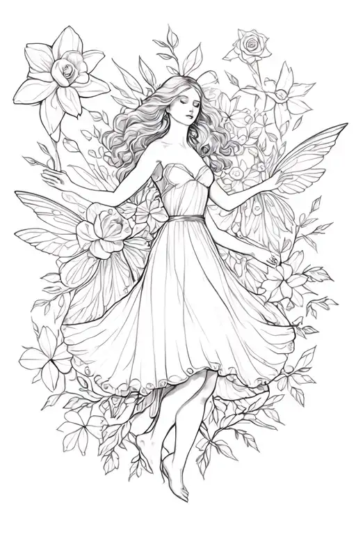 daffodils, roses, violets, intertwined with fairies dancing tattoo design idea