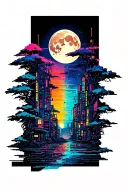 vertical strip tattoo aesthetic with the vibrant cyberpunk cityscape elements, colourful, Moon visible Rectangle tattoo  tattoo design idea