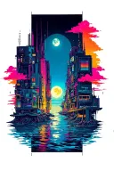 vertical strip tattoo aesthetic with the vibrant cyberpunk cityscape elements, colourful, Moon visible Rectangle tattoo  tattoo design idea