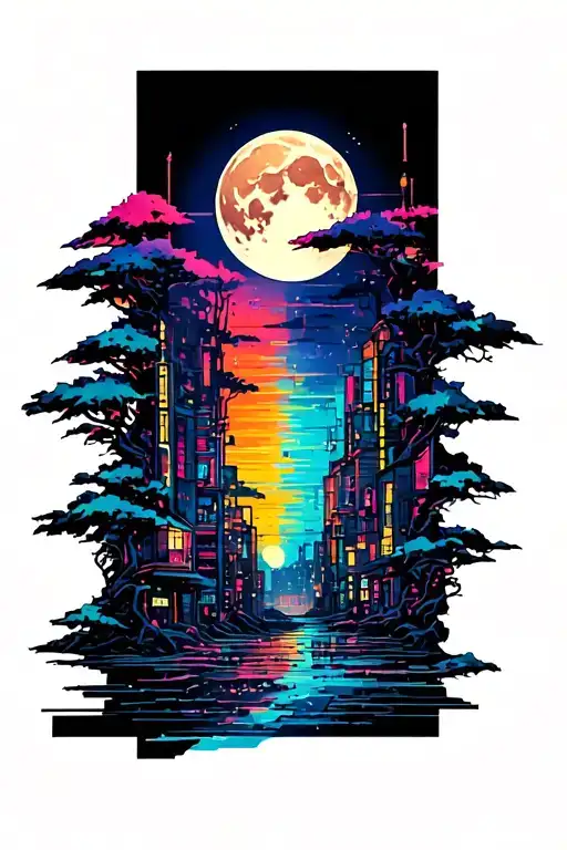 vertical strip tattoo aesthetic with the vibrant cyberpunk cityscape elements, colourful, Moon visible Rectangle tattoo  tattoo design idea