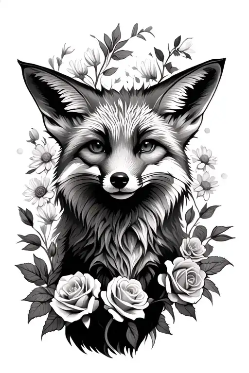 Fox surrounded by roses, asters, and narcisuss flowers tattoo design idea