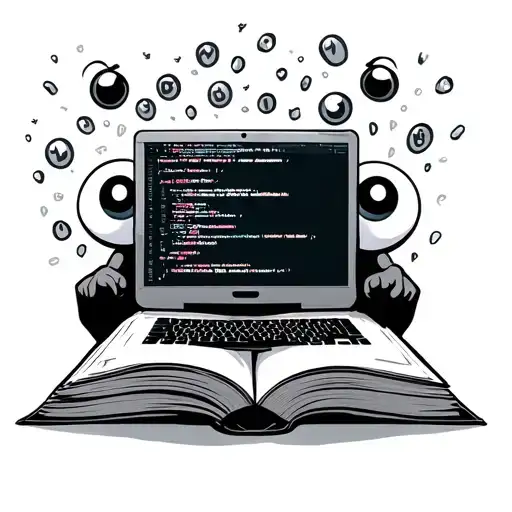 an open book with googlie eyes, holding a computer. There is code coming out of the pages of the book tattoo design idea