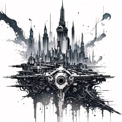 A futuristic anime-inspired cityscape with intricate mechanical details representing engineering innovation tattoo design idea