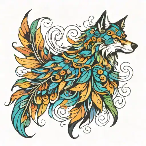 wolf peacock feather intertwined tattoo design idea