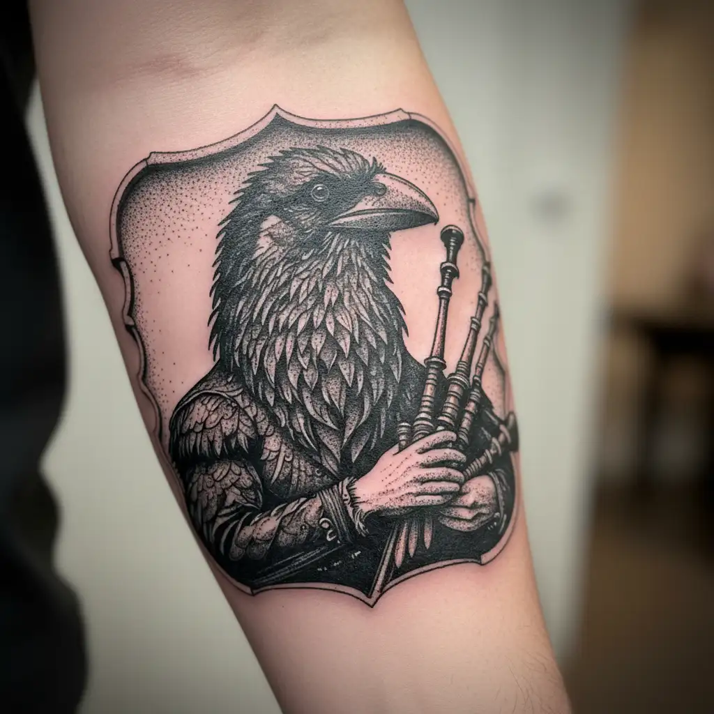 designs on wood carving crow muscular with mans face bagpiper playing the bagpipes baldblack beard tattoo design idea