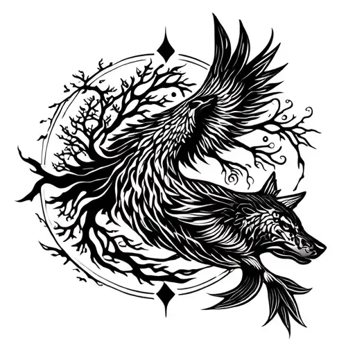 wolf+tree of life+libra sign+koi+phoenix tattoo design idea