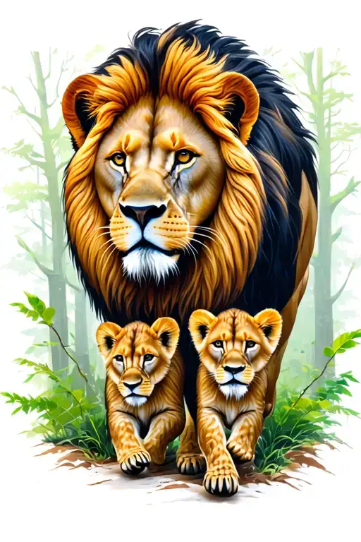 male lion, 2 cubs walking in the forest tattoo design idea