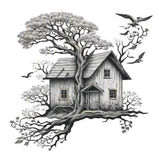 oak tree stable loyal and a home for its birds tattoo design idea