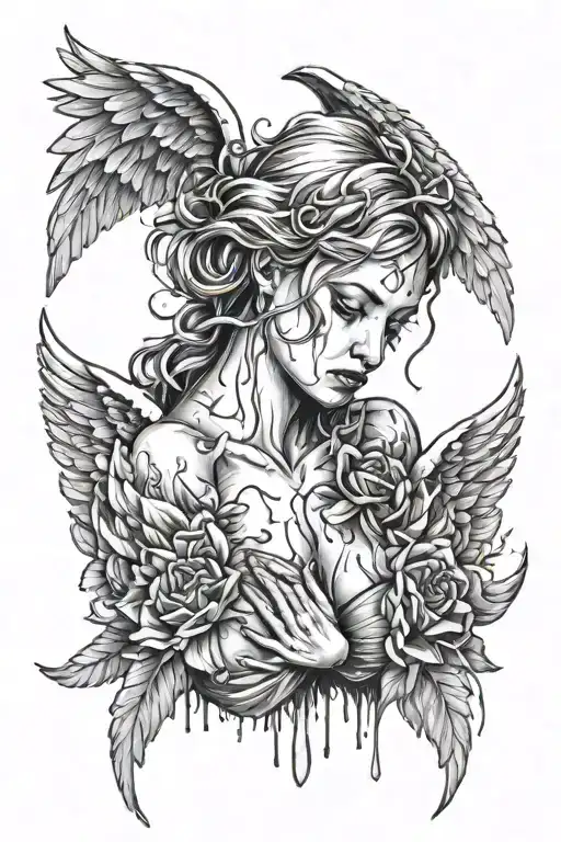 angel crying tears of blood, wings wrapped around exposing her chest. tattoo design idea